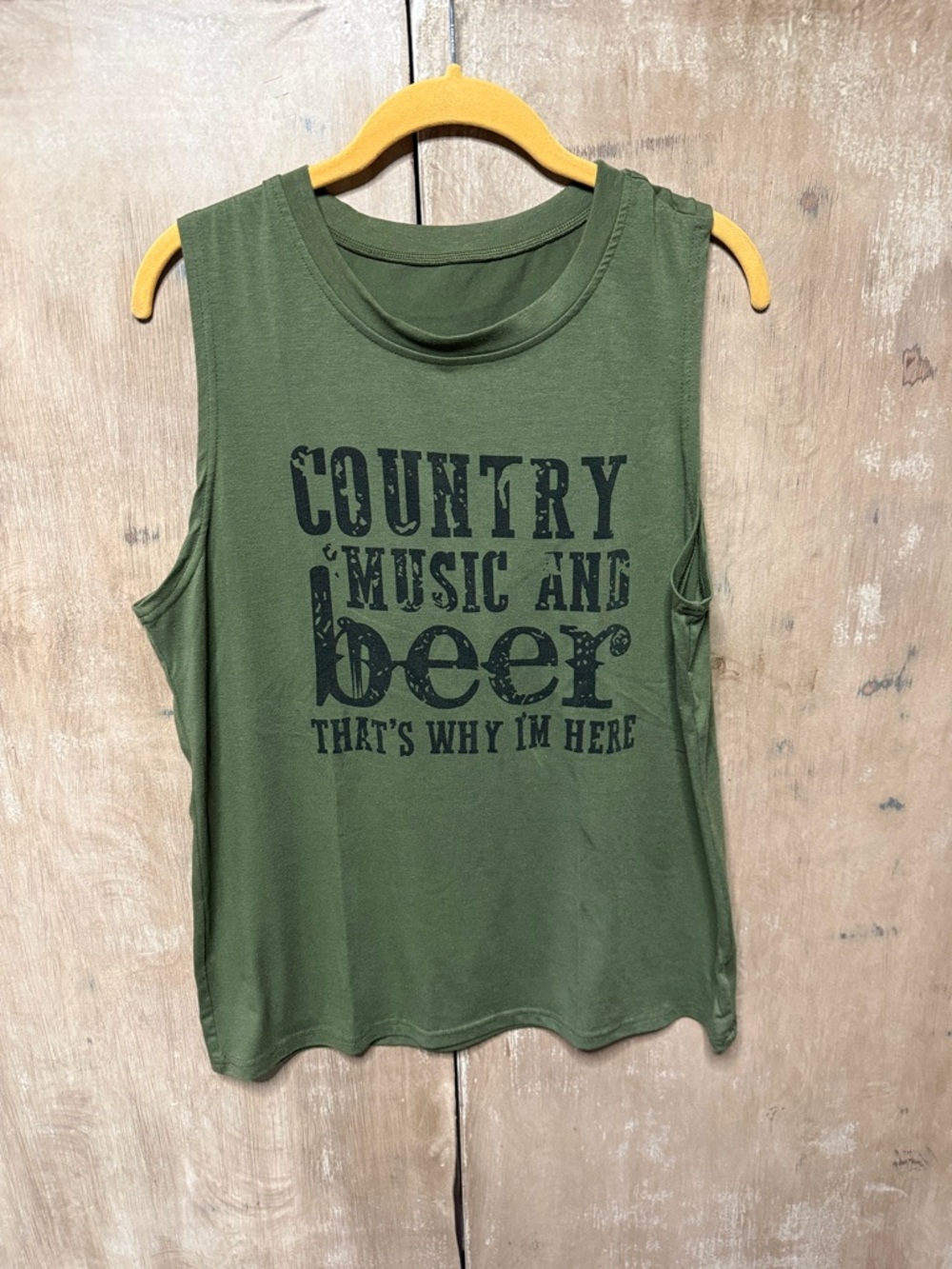 Women's Olive Green Graphic Muscle Tank - Country Music and Beer